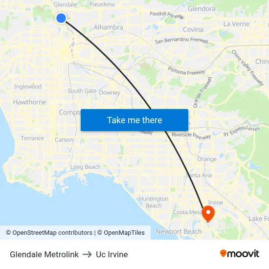 Glendale Metrolink to Uc Irvine map
