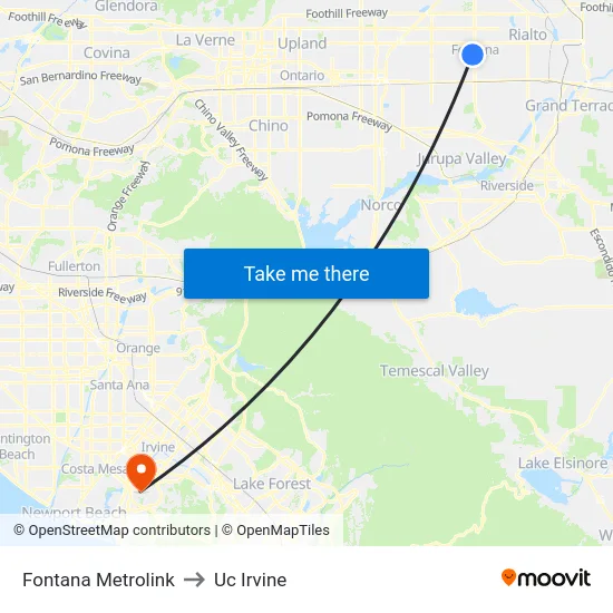 Fontana Metrolink to Uc Irvine map