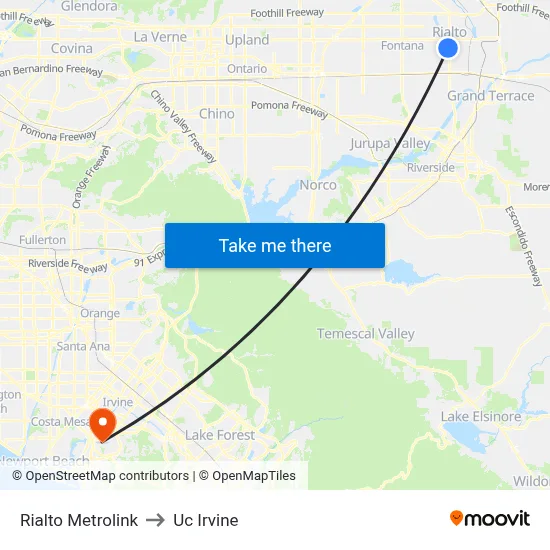 Rialto Metrolink to Uc Irvine map