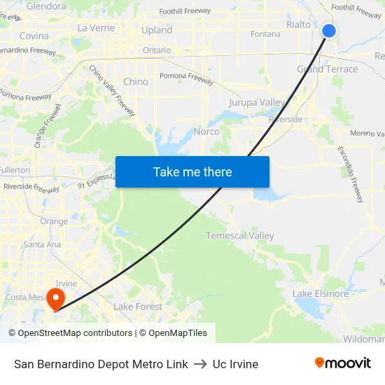 San Bernardino Depot Metro Link to Uc Irvine map