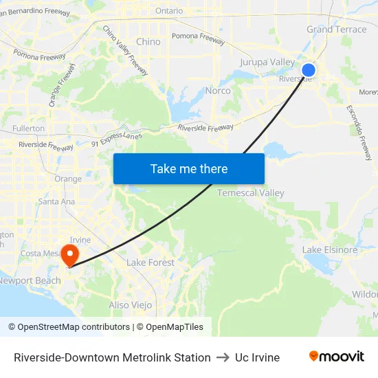 Riverside-Downtown Metrolink Station to Uc Irvine map
