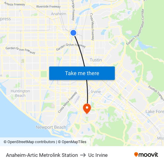 Anaheim-Artic Metrolink Station to Uc Irvine map