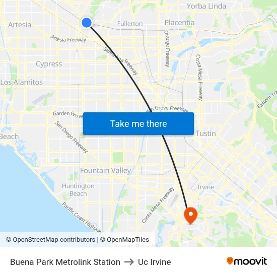 Buena Park Metrolink Station to Uc Irvine map