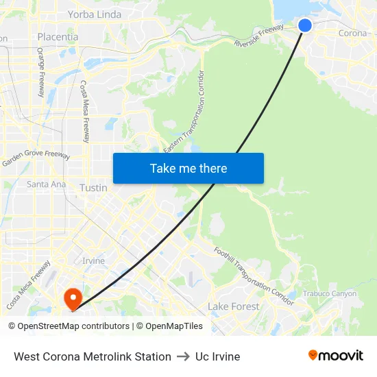 West Corona Metrolink Station to Uc Irvine map