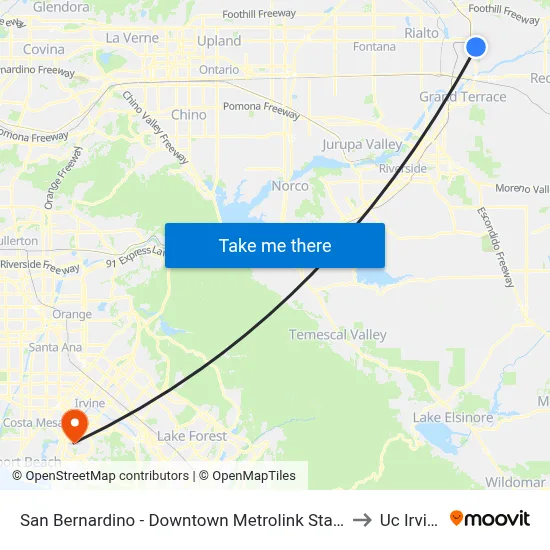 San Bernardino - Downtown Metrolink Station to Uc Irvine map