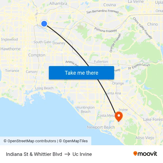 Indiana St & Whittier Blvd to Uc Irvine map