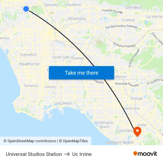 Universal Studios Station to Uc Irvine map