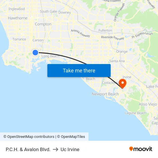 P.C.H. & Avalon Blvd. to Uc Irvine map