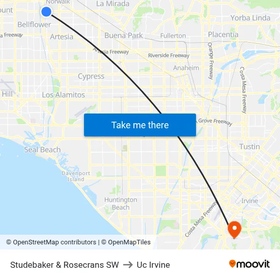 Studebaker & Rosecrans SW to Uc Irvine map