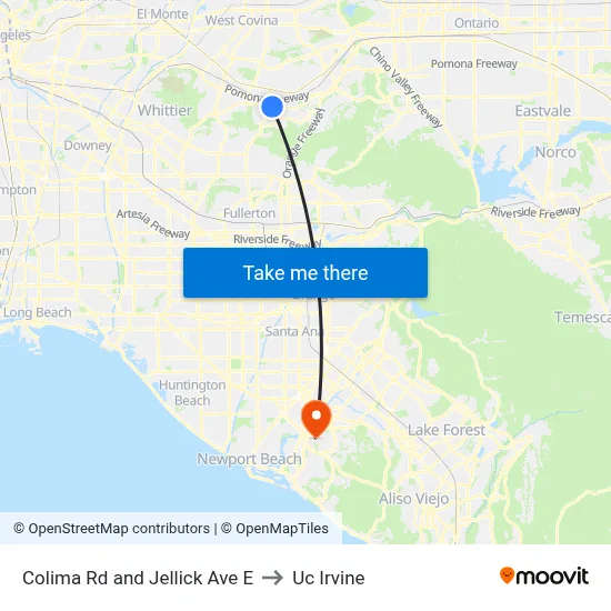 Colima Rd and Jellick Ave E to Uc Irvine map