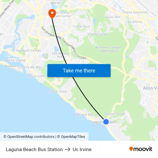 Laguna Beach Bus Station to Uc Irvine map
