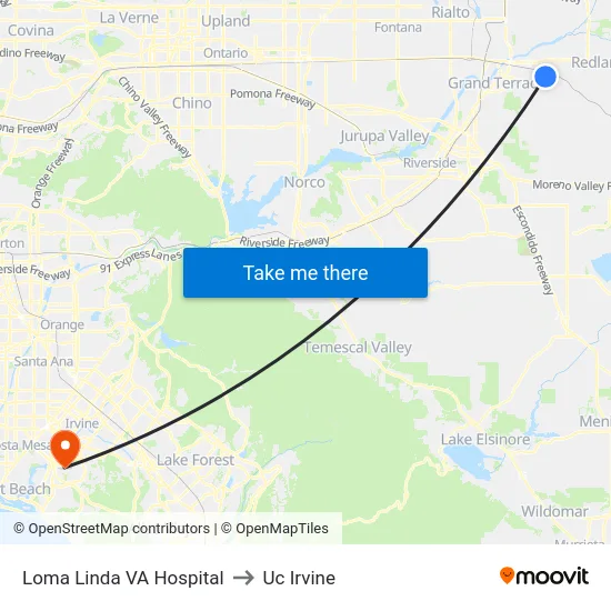 Loma Linda VA Hospital to Uc Irvine map