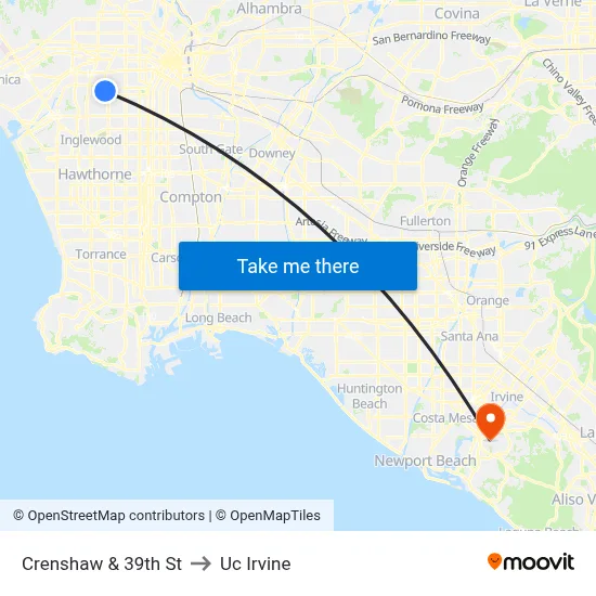 Crenshaw & 39th St to Uc Irvine map