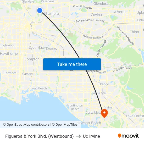 Figueroa & York Blvd. (Westbound) to Uc Irvine map