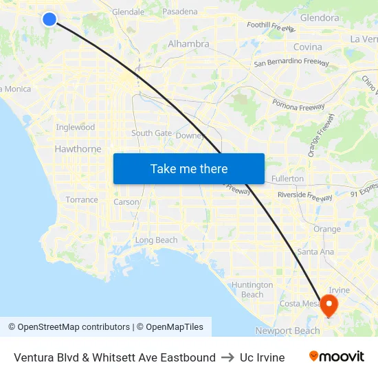 Ventura Blvd & Whitsett Ave Eastbound to Uc Irvine map