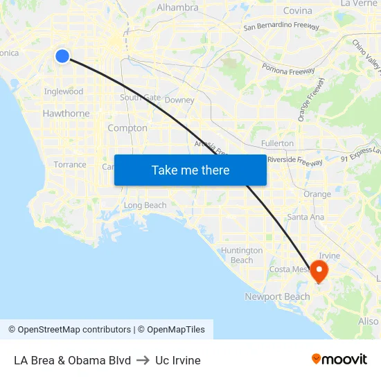 LA Brea & Obama Blvd to Uc Irvine map