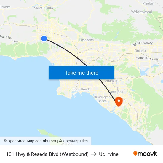 101 Hwy & Reseda Blvd (Westbound) to Uc Irvine map