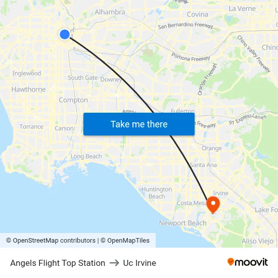 Angels Flight Top Station to Uc Irvine map