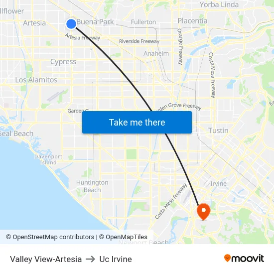 Valley View-Artesia to Uc Irvine map