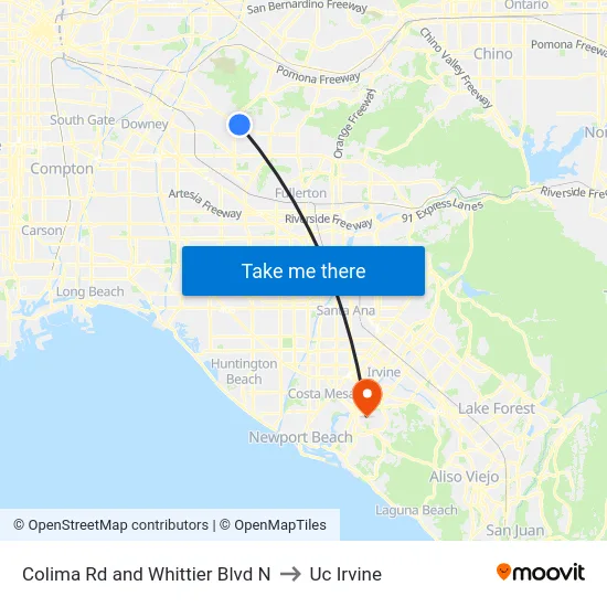 Colima Rd and Whittier Blvd N to Uc Irvine map