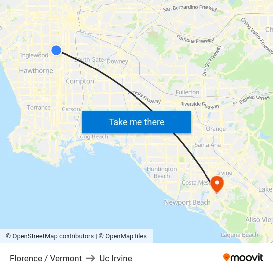 Florence / Vermont to Uc Irvine map