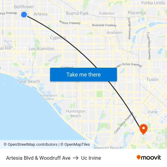 Artesia Blvd & Woodruff Ave to Uc Irvine map