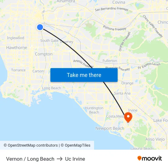Vernon / Long Beach to Uc Irvine map