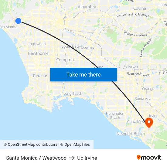 Santa Monica / Westwood to Uc Irvine map