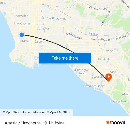 Artesia / Hawthorne to Uc Irvine map