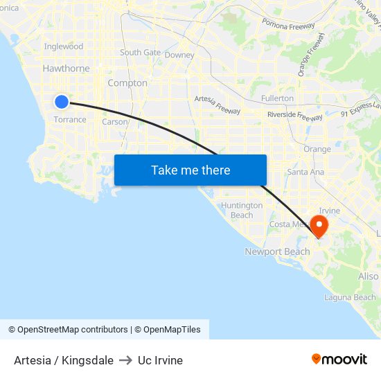 Artesia / Kingsdale to Uc Irvine map