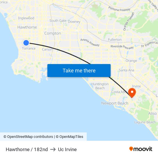 Hawthorne / 182nd to Uc Irvine map