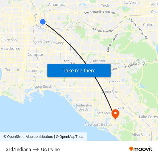 3rd/Indiana to Uc Irvine map