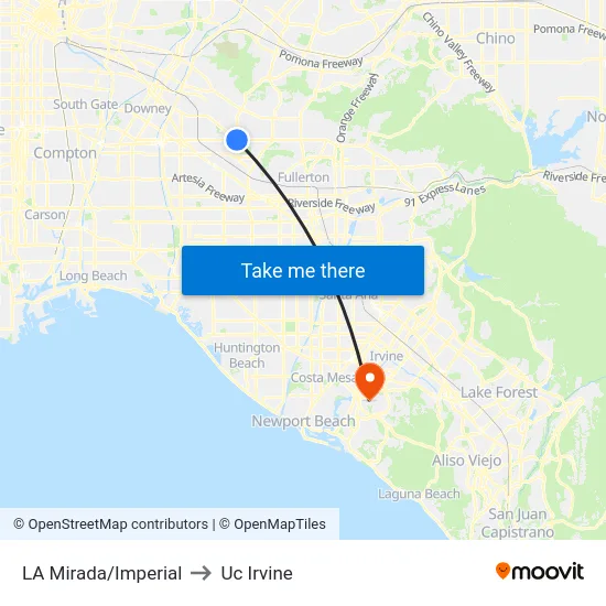 LA Mirada/Imperial to Uc Irvine map