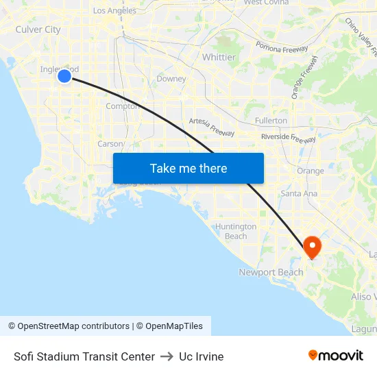 Sofi Stadium Transit Center to Uc Irvine map