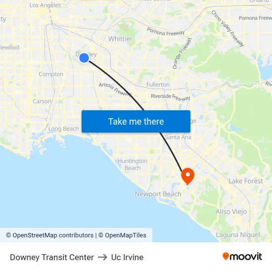 Downey Transit Center to Uc Irvine map