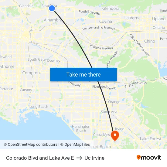 Colorado Blvd and Lake Ave E to Uc Irvine map