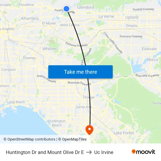 Huntington Dr and Mount Olive Dr E to Uc Irvine map