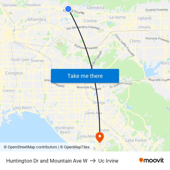 Huntington Dr and Mountain Ave W to Uc Irvine map