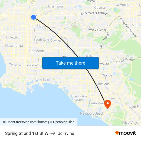 Spring St and 1st St W to Uc Irvine map