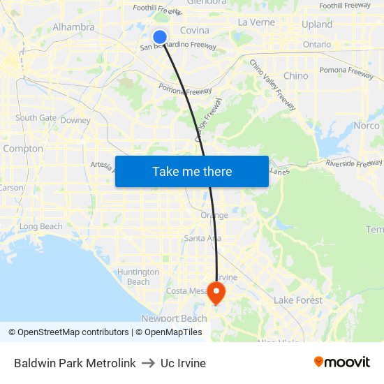 Baldwin Park Metrolink to Uc Irvine map