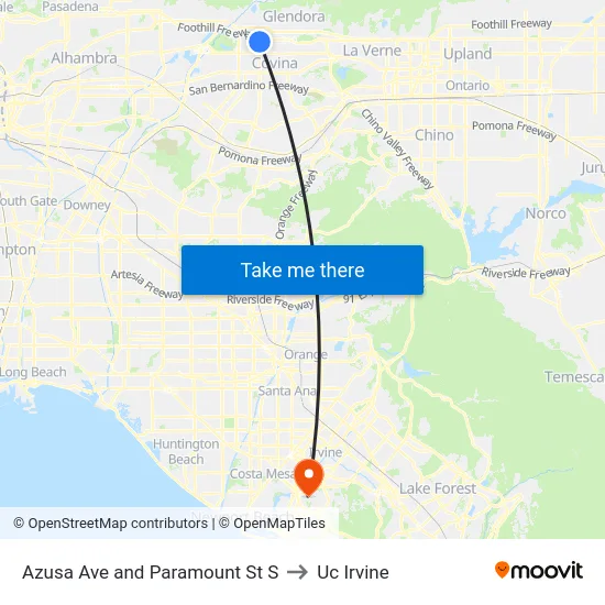 Azusa Ave and Paramount St S to Uc Irvine map