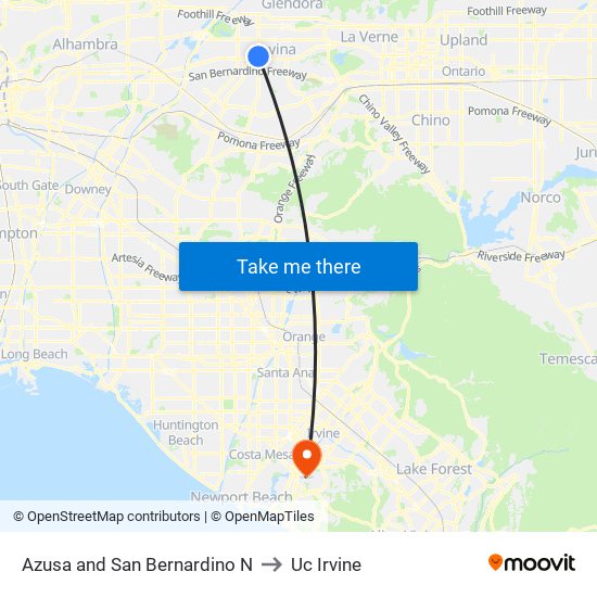 Azusa and San Bernardino N to Uc Irvine map