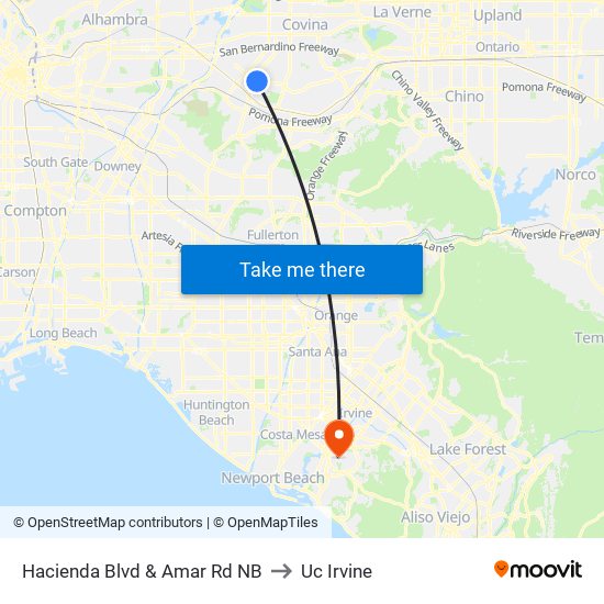 Hacienda Blvd & Amar Rd NB to Uc Irvine map