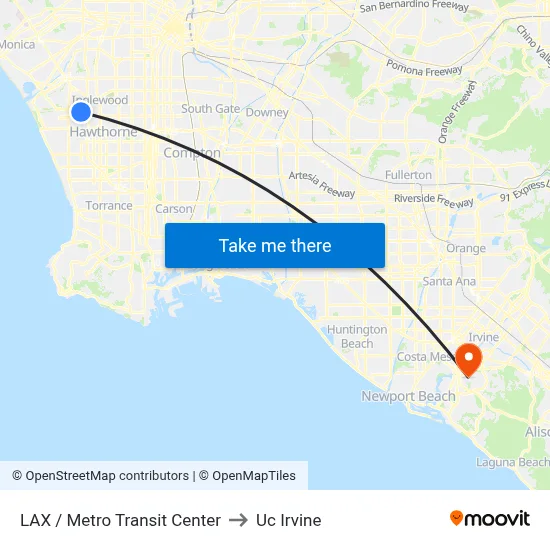 LAX / Metro Transit Center to Uc Irvine map