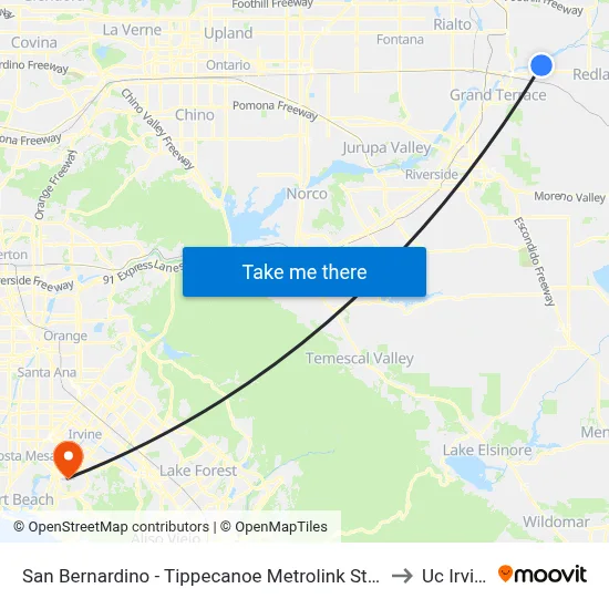 San Bernardino - Tippecanoe Metrolink Station to Uc Irvine map