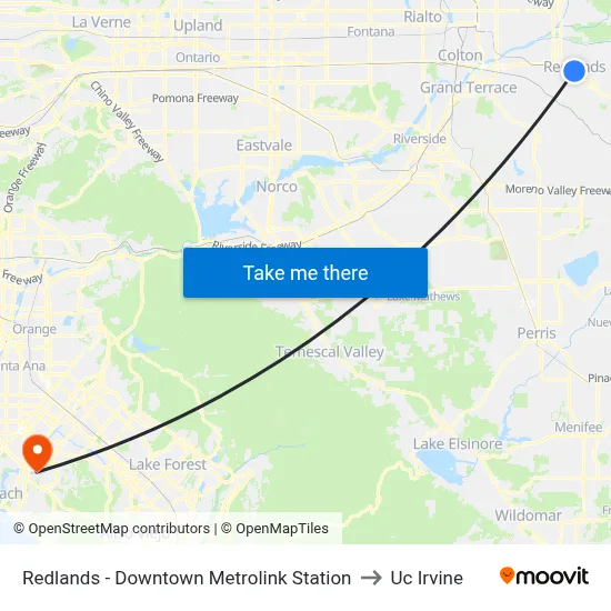 Redlands - Downtown Metrolink Station to Uc Irvine map