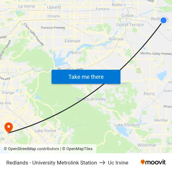 Redlands - University Metrolink Station to Uc Irvine map