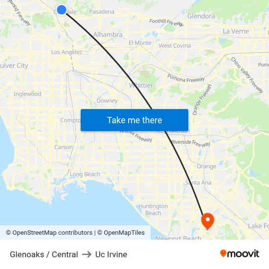 Glenoaks / Central to Uc Irvine map