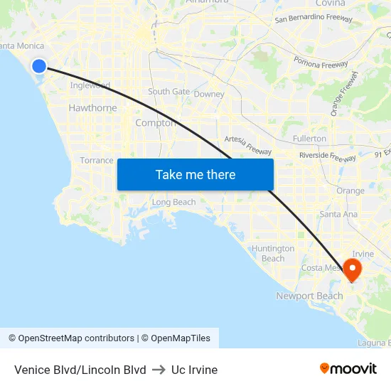 Venice Blvd/Lincoln Blvd to Uc Irvine map