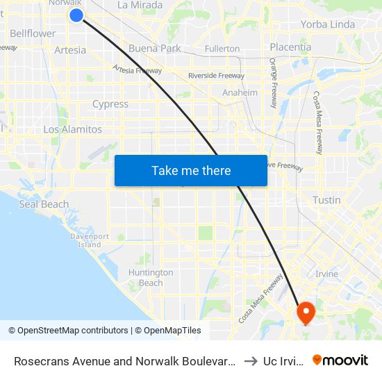 Rosecrans Avenue and Norwalk Boulevard N to Uc Irvine map